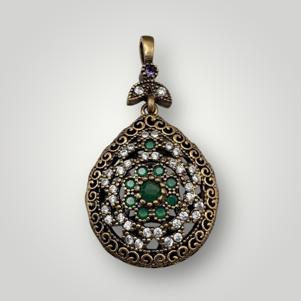 Sterling Art Deco Style Pendant Tested 925 Sterling Back Green‎ & Clear Accents